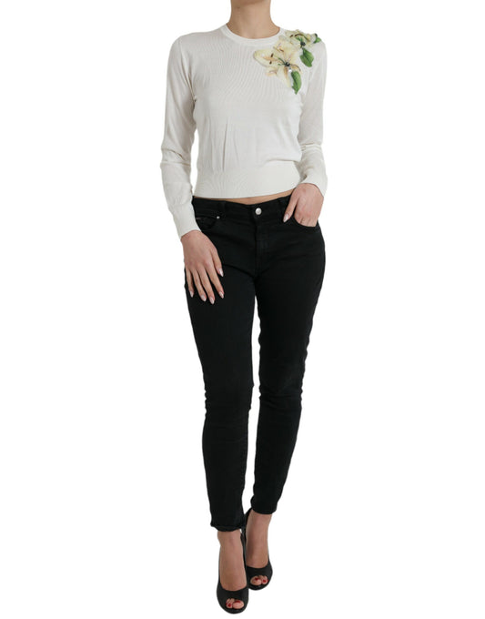 Dolce & Gabbana White Floral Silk Crew Neck Pullover Sweater