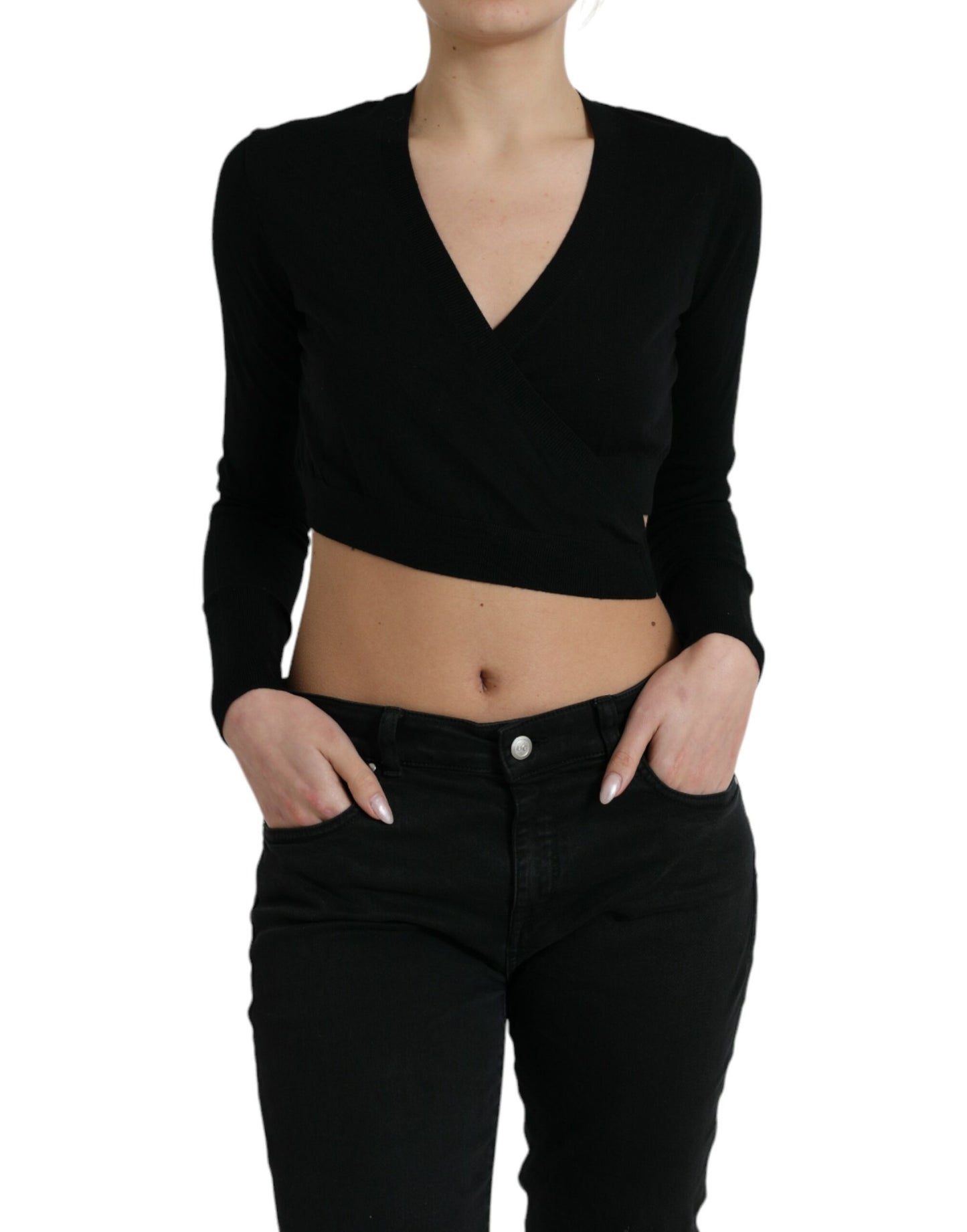 Dolce & Gabbana Black V-neck Cropped Tie Sweater