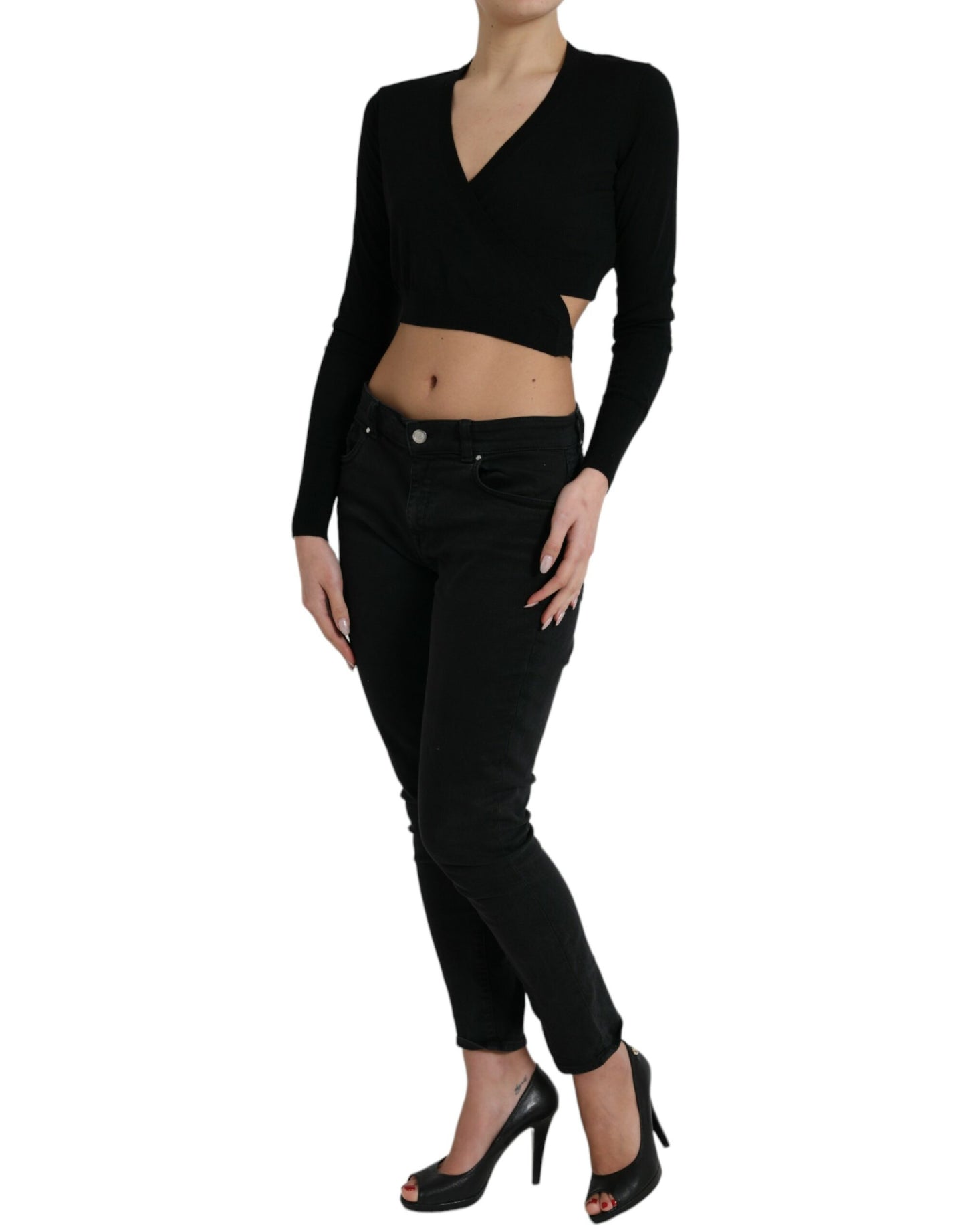 Dolce & Gabbana Black V-neck Cropped Tie Sweater