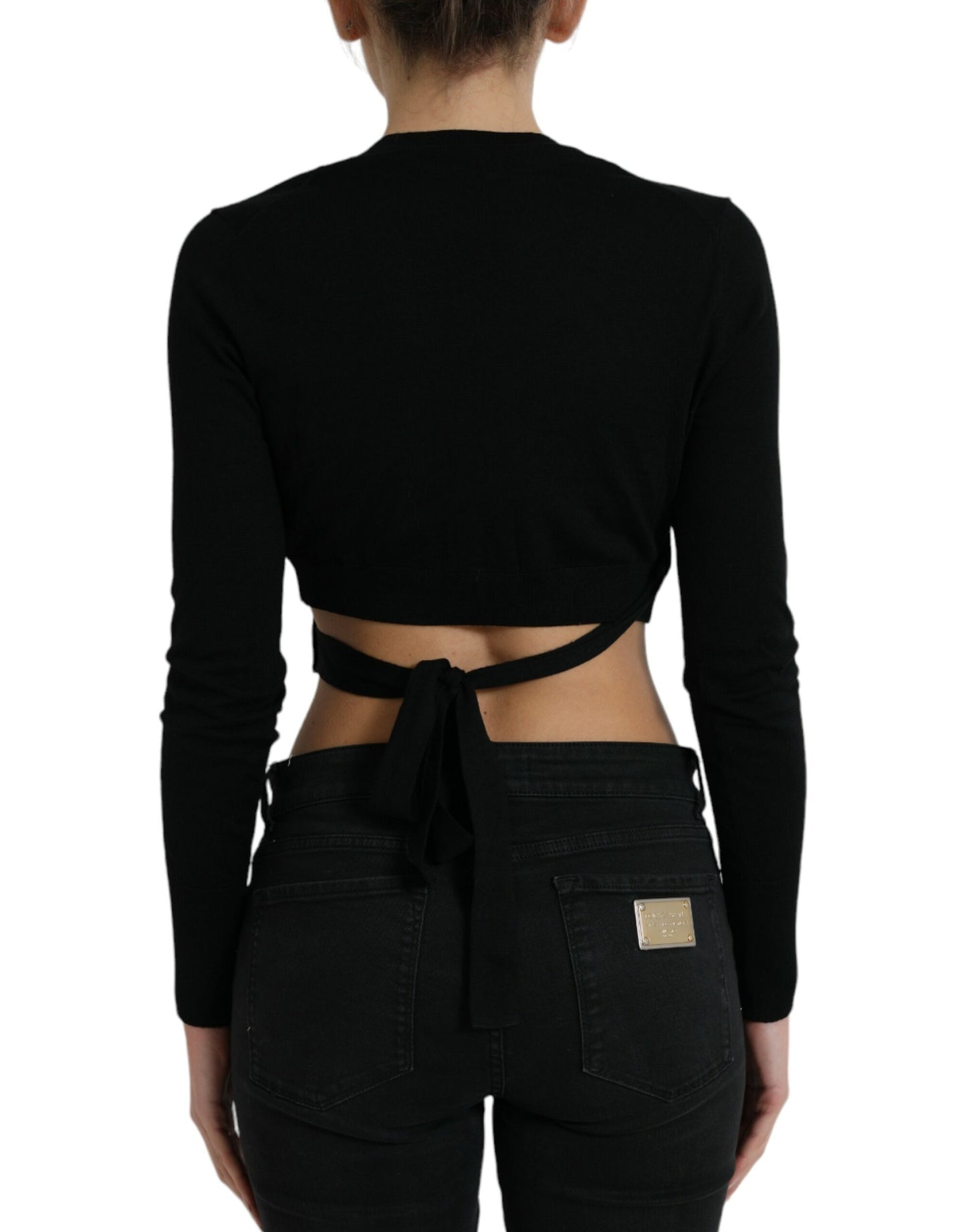 Dolce & Gabbana Black V-neck Cropped Tie Sweater