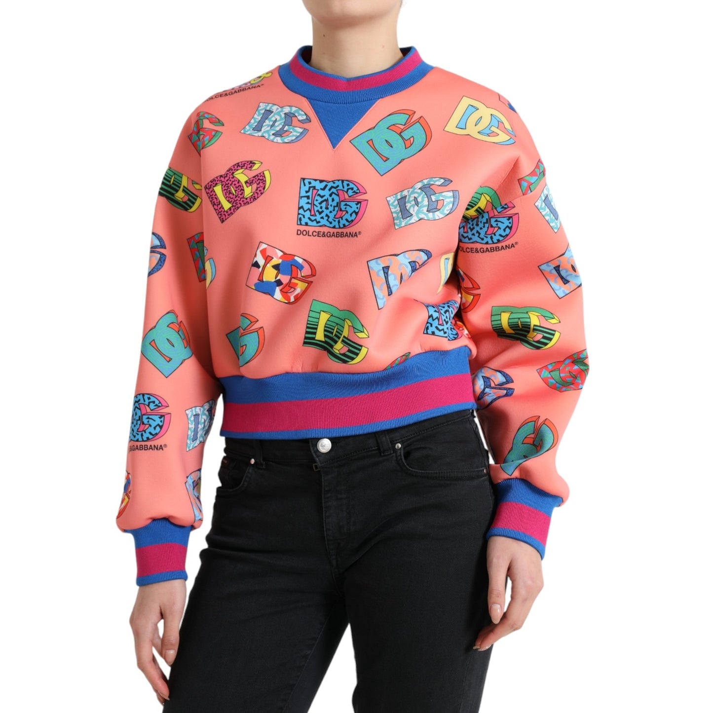 Dolce & Gabbana Salmon Pink Multicolor Logo Sweater