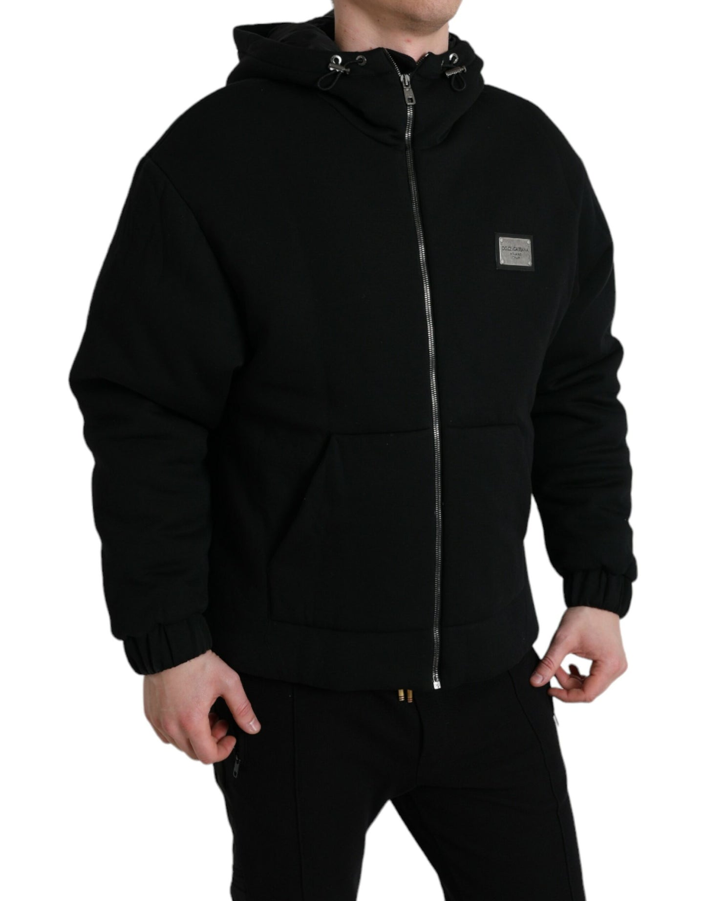 Dolce & Gabbana Black Cotton Hooded Logo Bomber Jacket