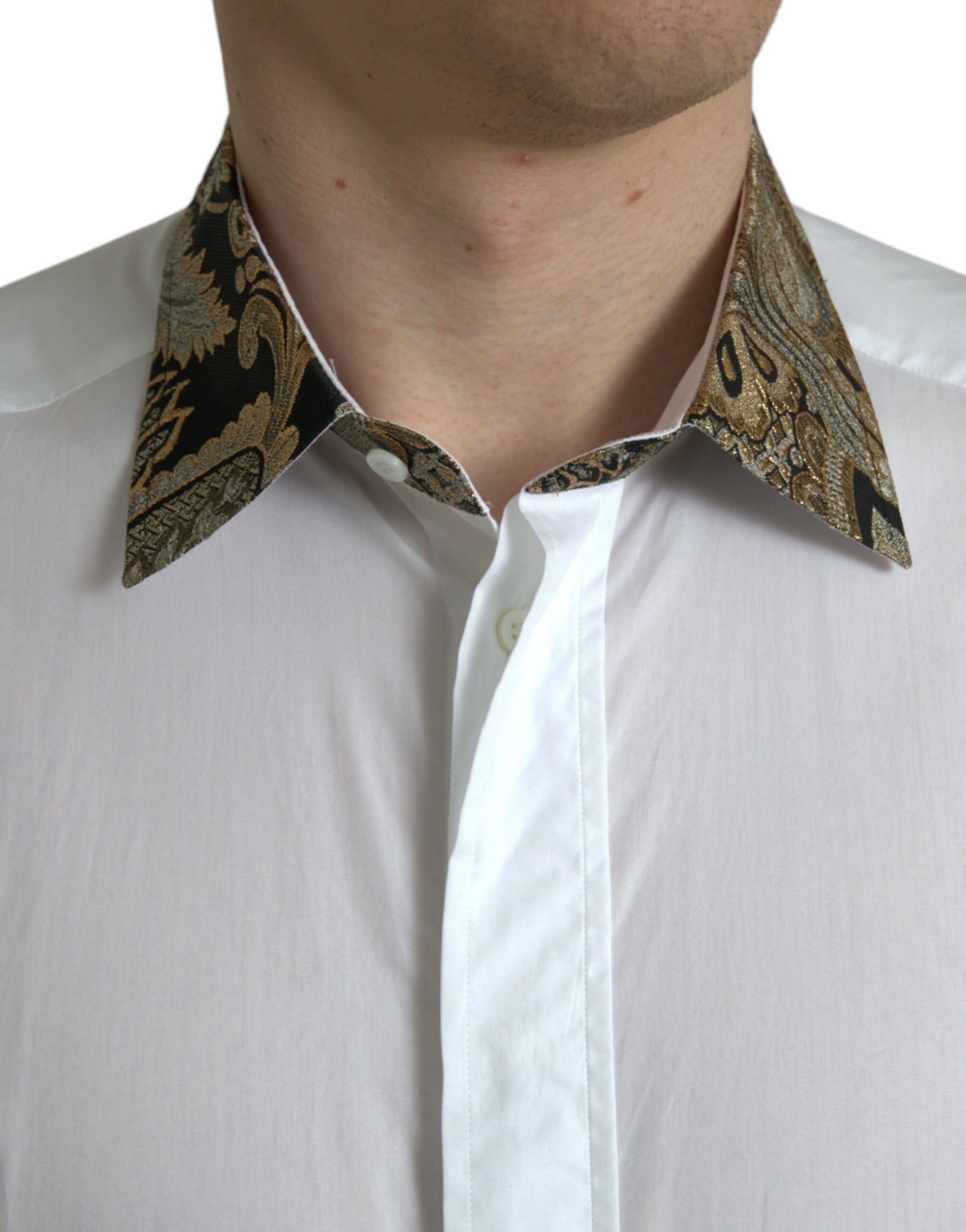 Dolce & Gabbana White Cotton Jacquard Formal GOLD Dress Shirt