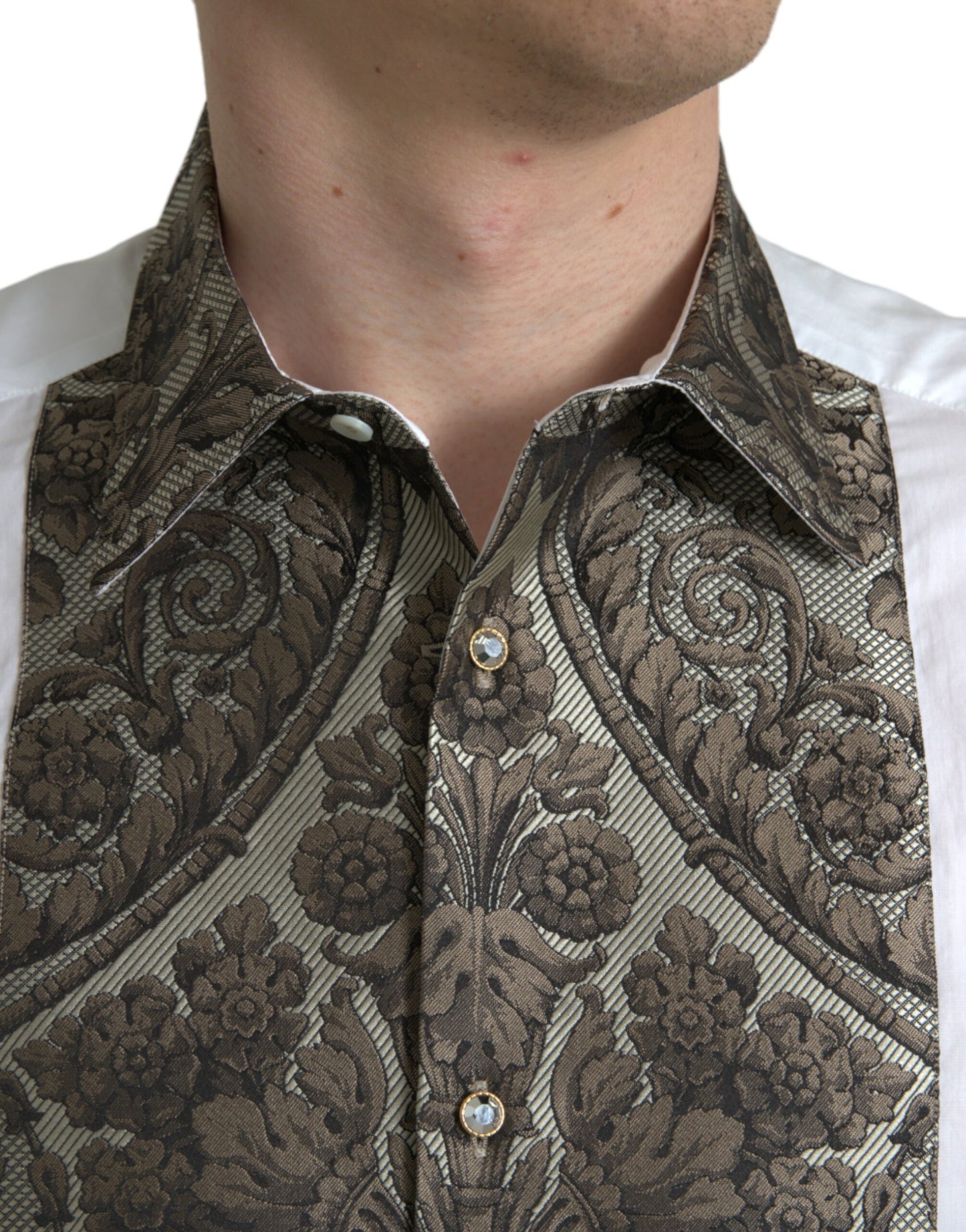 Dolce & Gabbana White Floral Brocade GOLD Dress Shirt