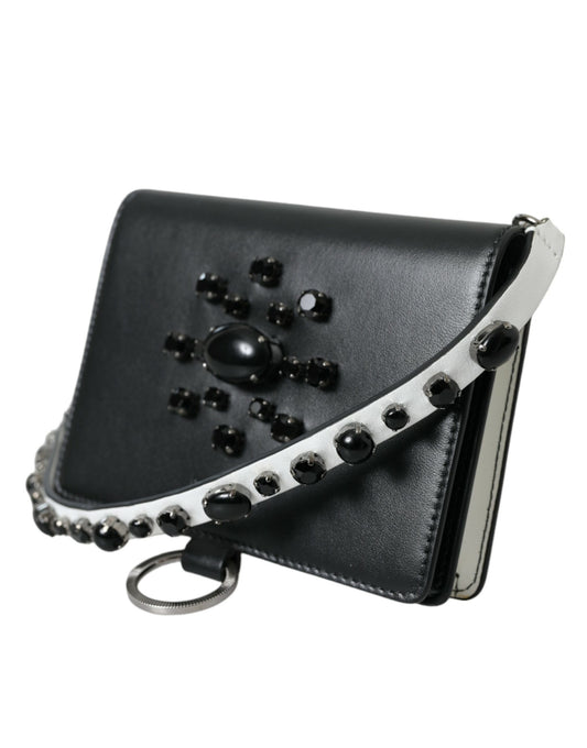 Dolce & Gabbana Black White Leather Crystal Embellished Cardholder Wallet