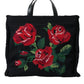 Dolce & Gabbana Black Cashmere Rose Embroidery Shopping Tote Bag