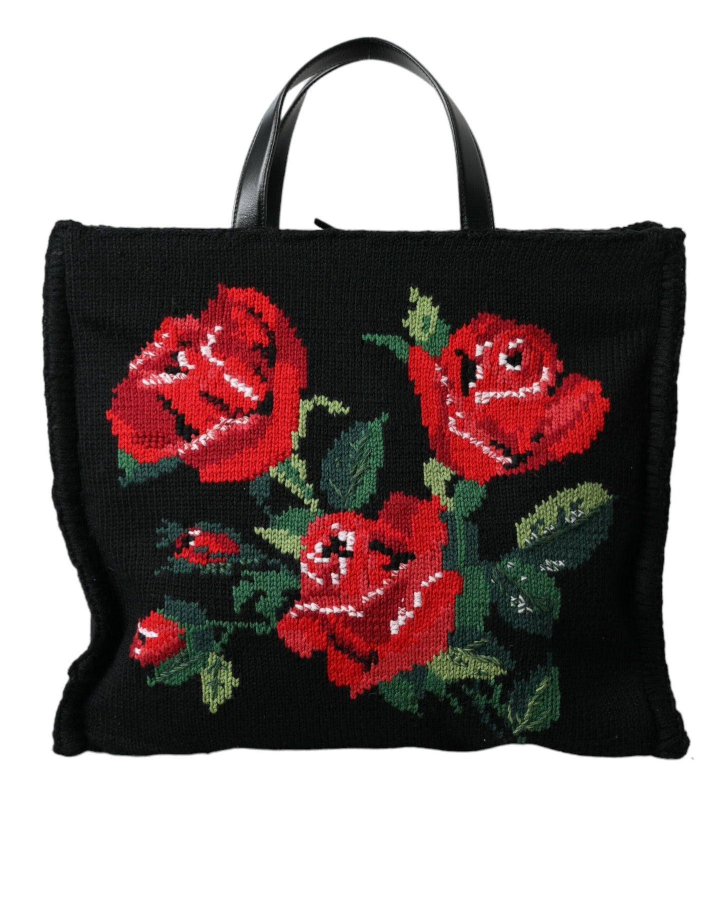 Dolce & Gabbana Black Cashmere Rose Embroidery Shopping Tote Bag