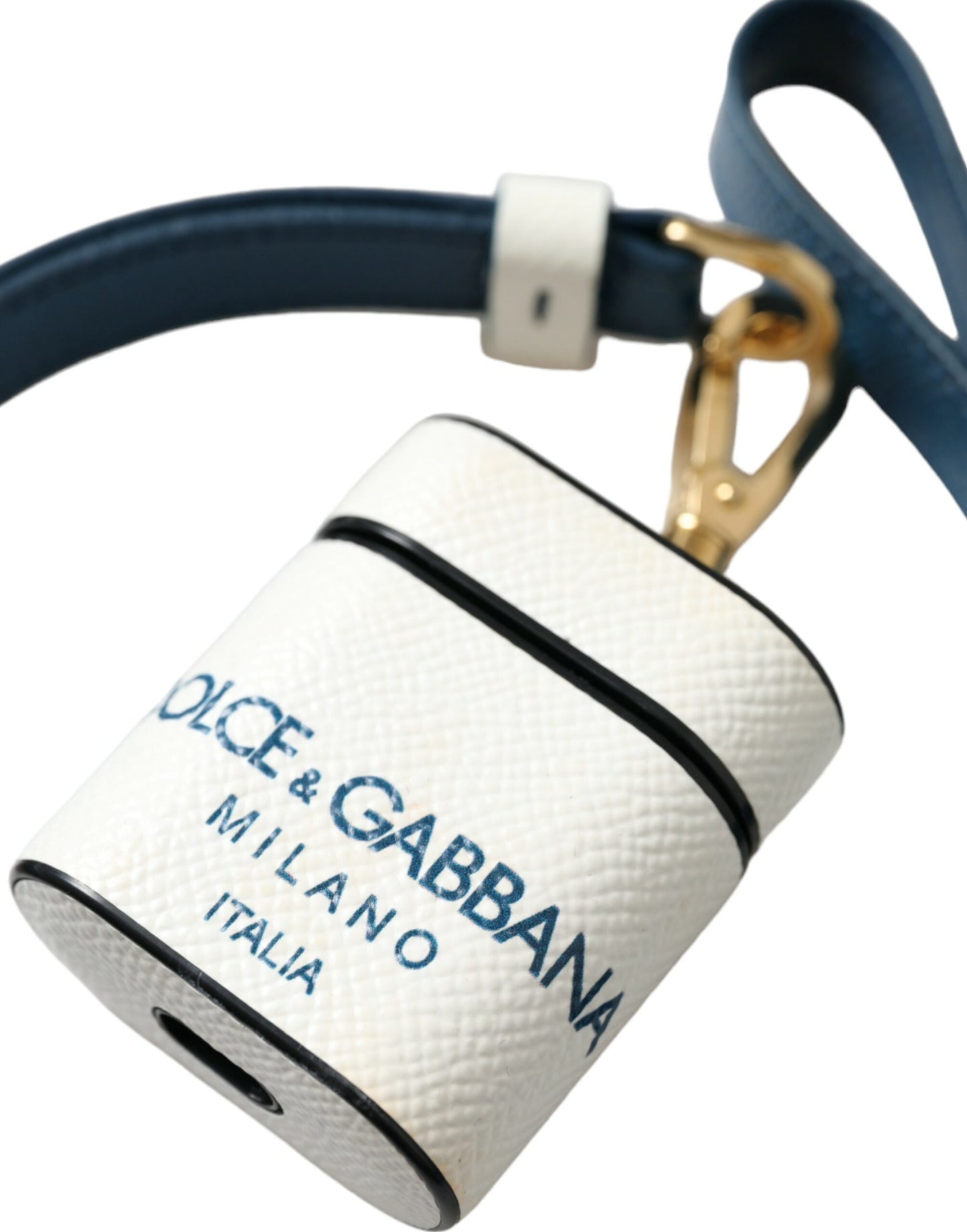 Dolce & Gabbana White Blue Calf Leather Logo Print Strap Airpods Case