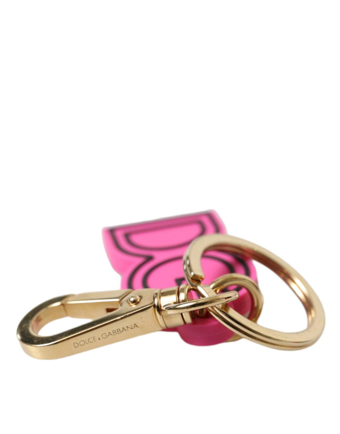 Dolce & Gabbana Pink Rubber Gold Tone Metal DG Logo Keyring Keychain