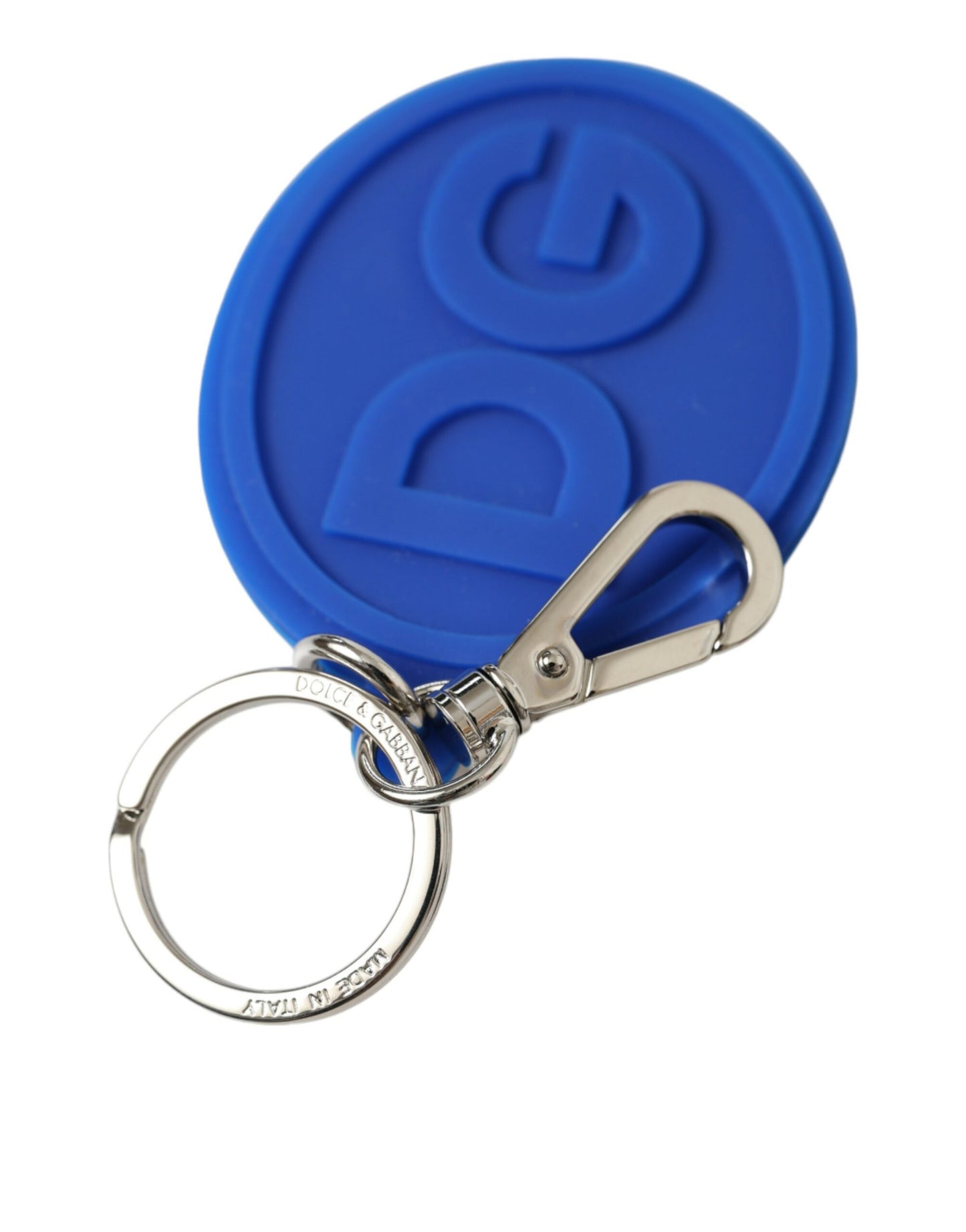 Dolce & Gabbana Blue Rubber DG Logo Silver Brass Metal Keyring Keychain