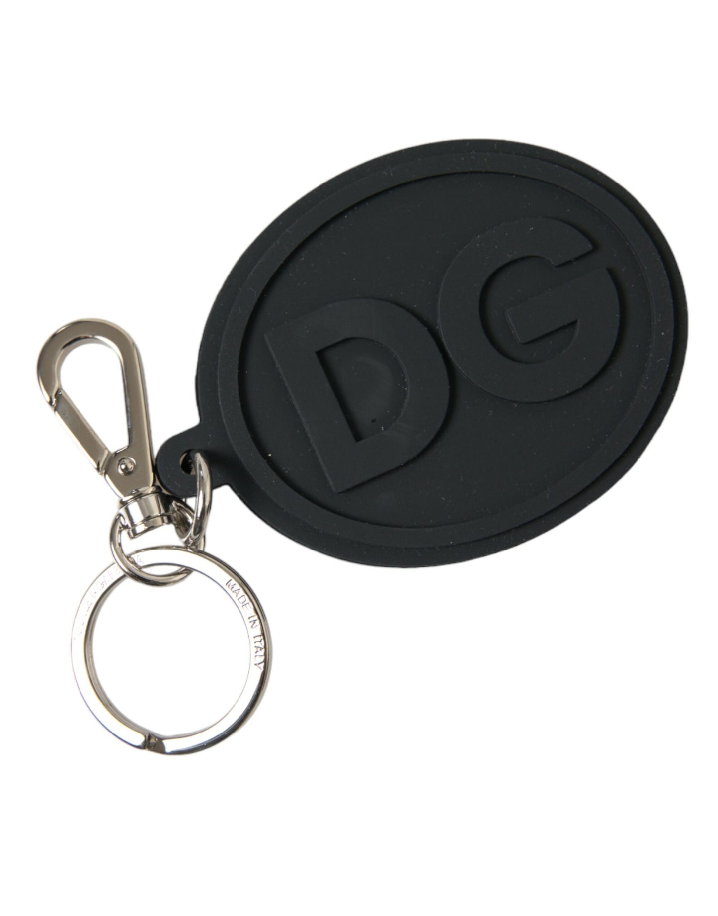 Dolce & Gabbana Black Rubber DG Logo Silver Brass Metal Keyring Keychain