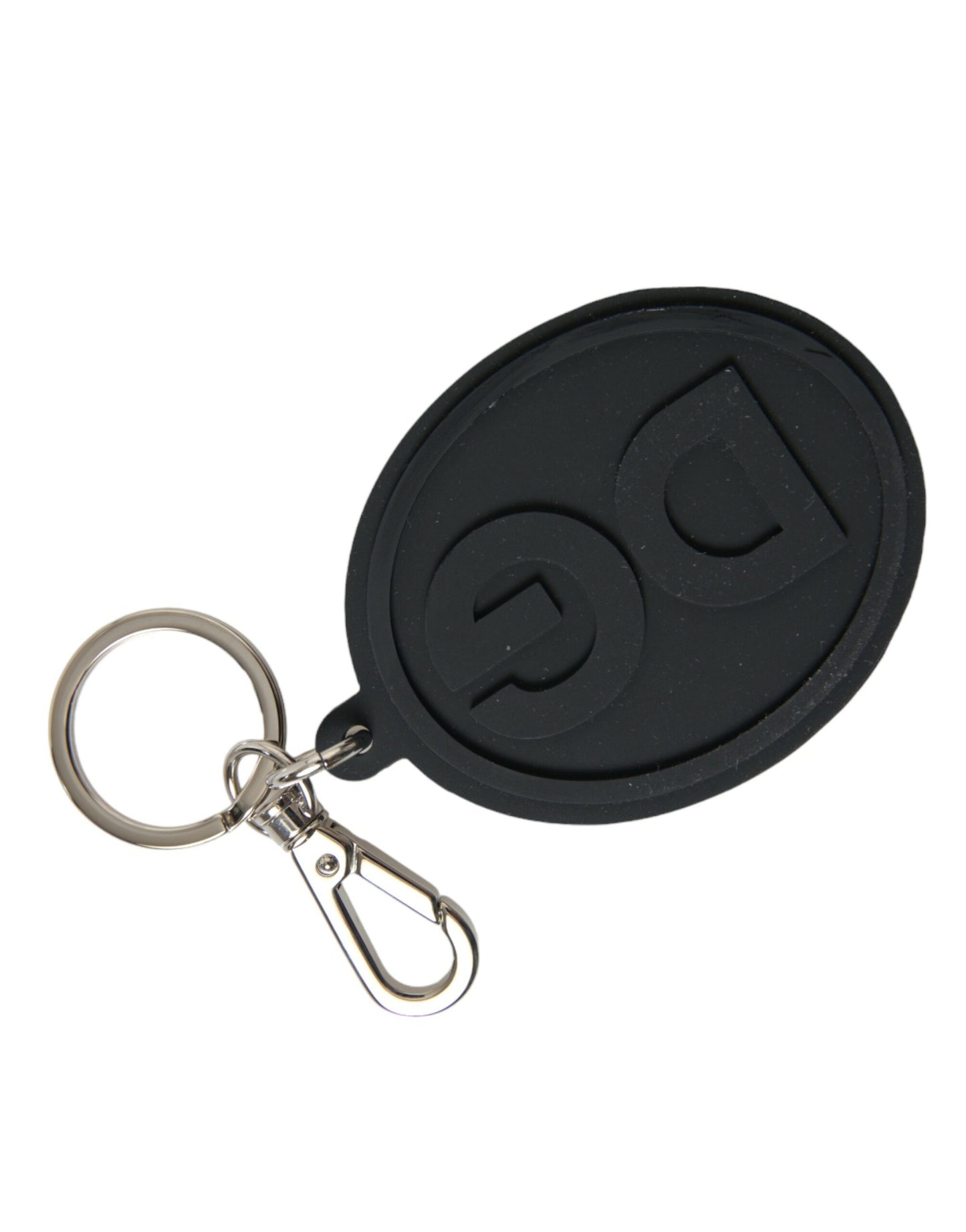 Dolce & Gabbana Black Rubber DG Logo Silver Brass Metal Keyring Keychain