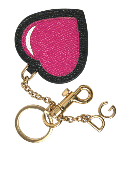 Dolce & Gabbana Pink Black Heart Leather Gold Tone Brass Keyring Keychain