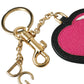 Dolce & Gabbana Pink Black Heart Leather Gold Tone Brass Keyring Keychain