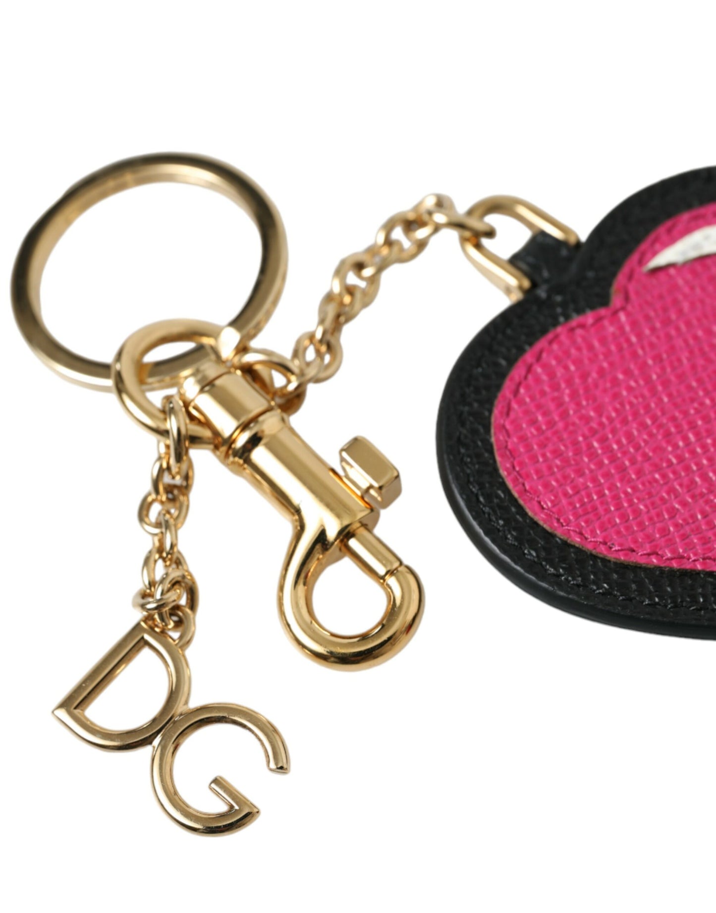 Dolce & Gabbana Pink Black Heart Leather Gold Tone Brass Keyring Keychain