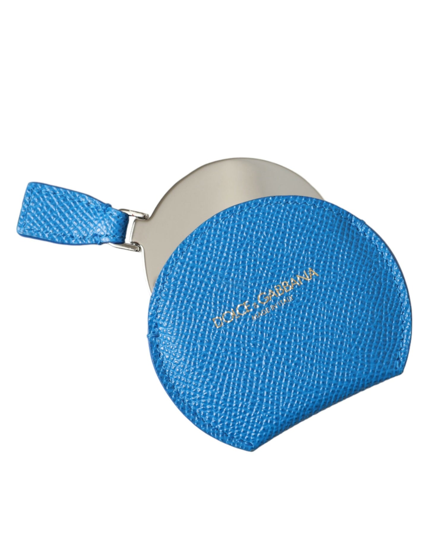 Dolce & Gabbana Blue Calfskin Leather Round Logo Hand Mirror Holder