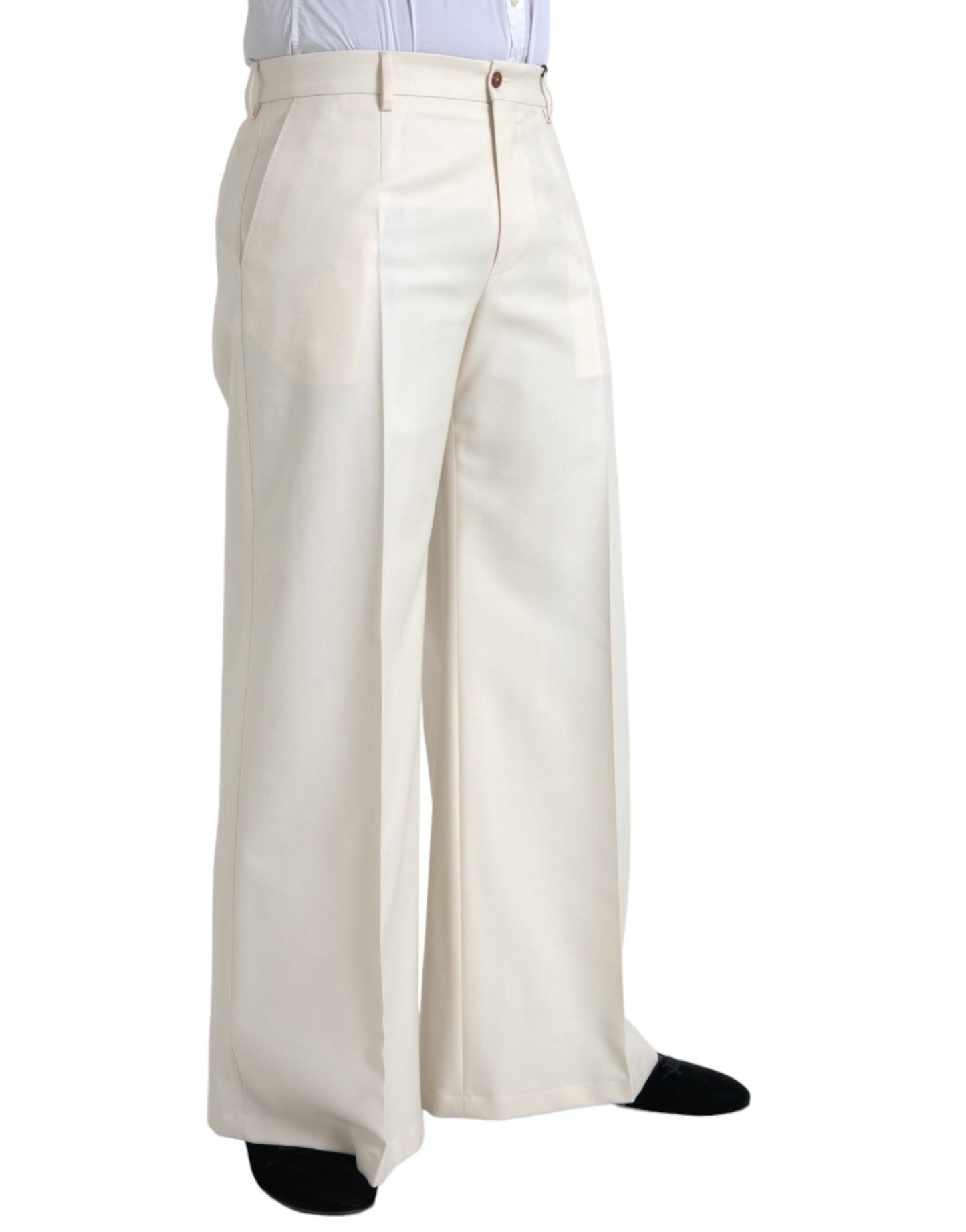 Dolce & Gabbana White Wool Wide Leg Mid Waist Pants