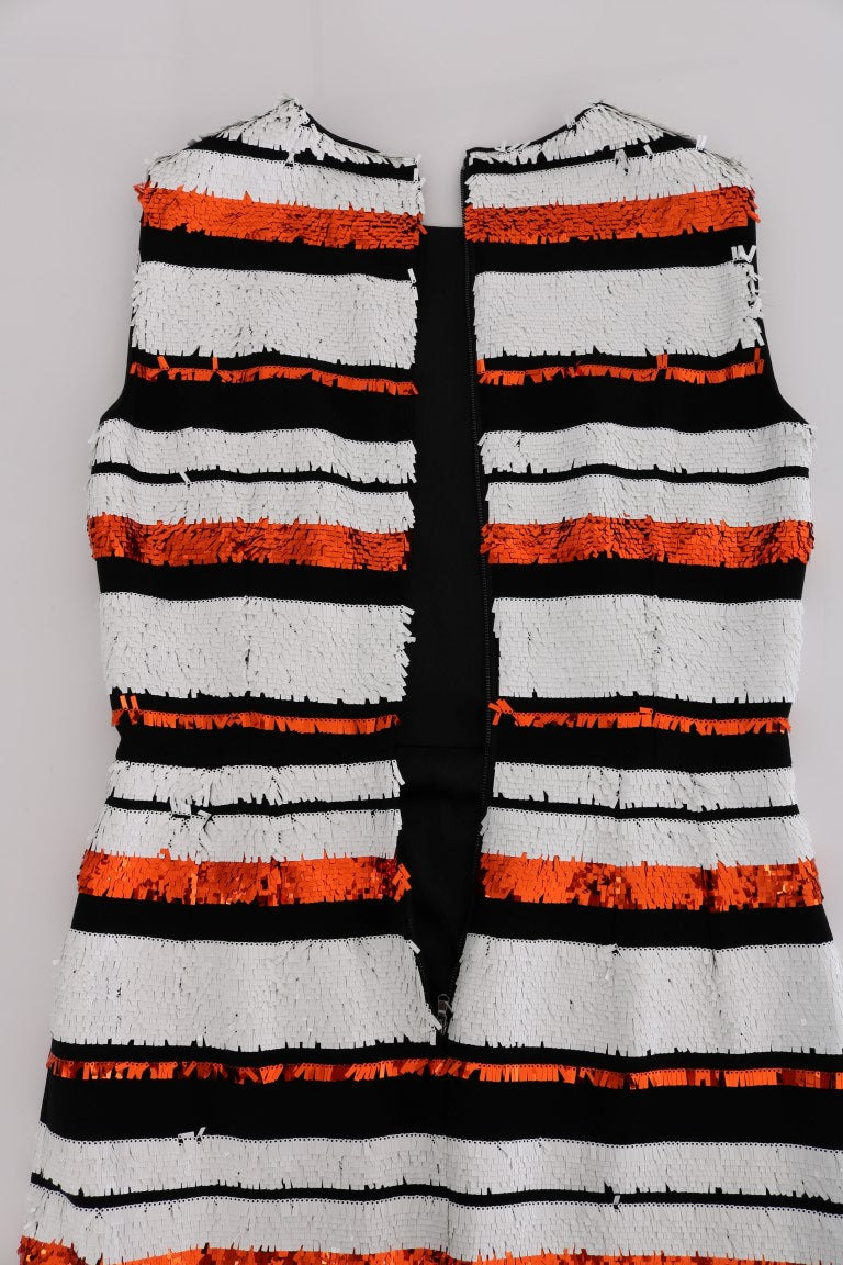 Dolce & Gabbana White Black Orange Striped Sequined Stretch Dress