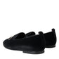 Dolce & Gabbana Black Velvet Crystal Crown Men Loafers Shoes