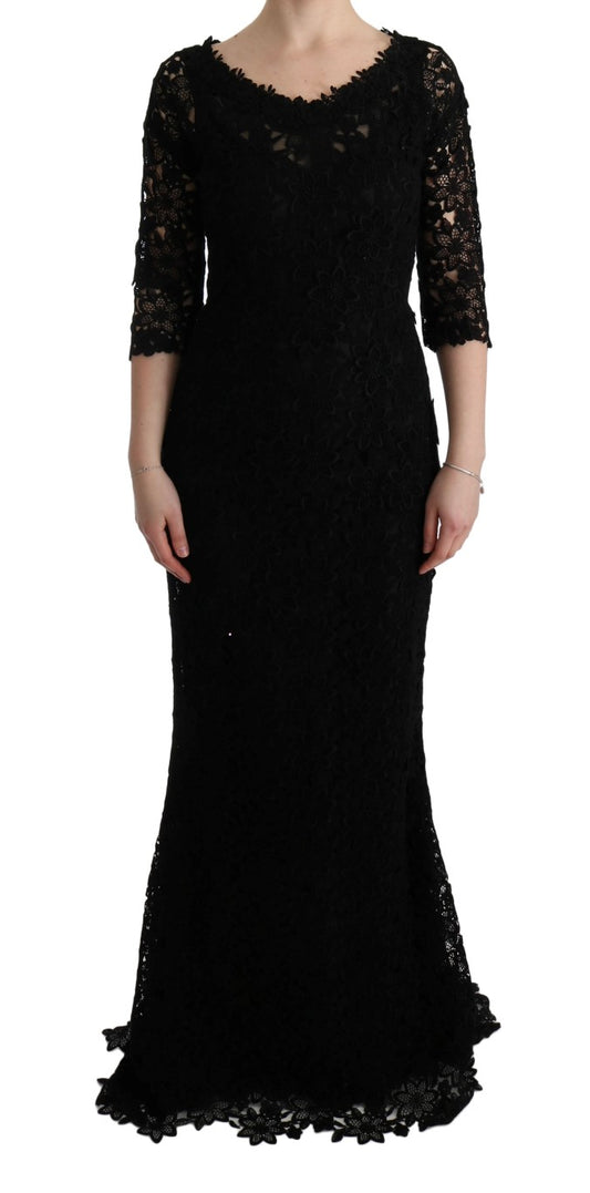 Dolce & Gabbana Black Floral Lace Ricamo Long Dress