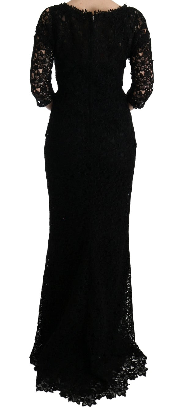 Dolce & Gabbana Black Floral Lace Ricamo Long Dress