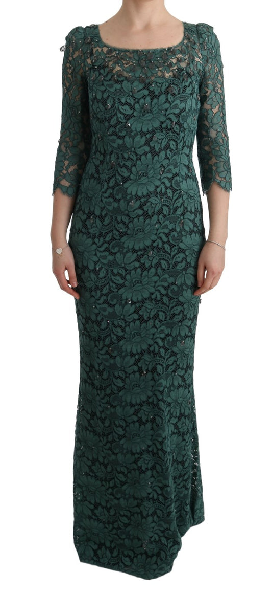 Dolce & Gabbana Green Floral Lace Crystal Ricamo Sheath Dress