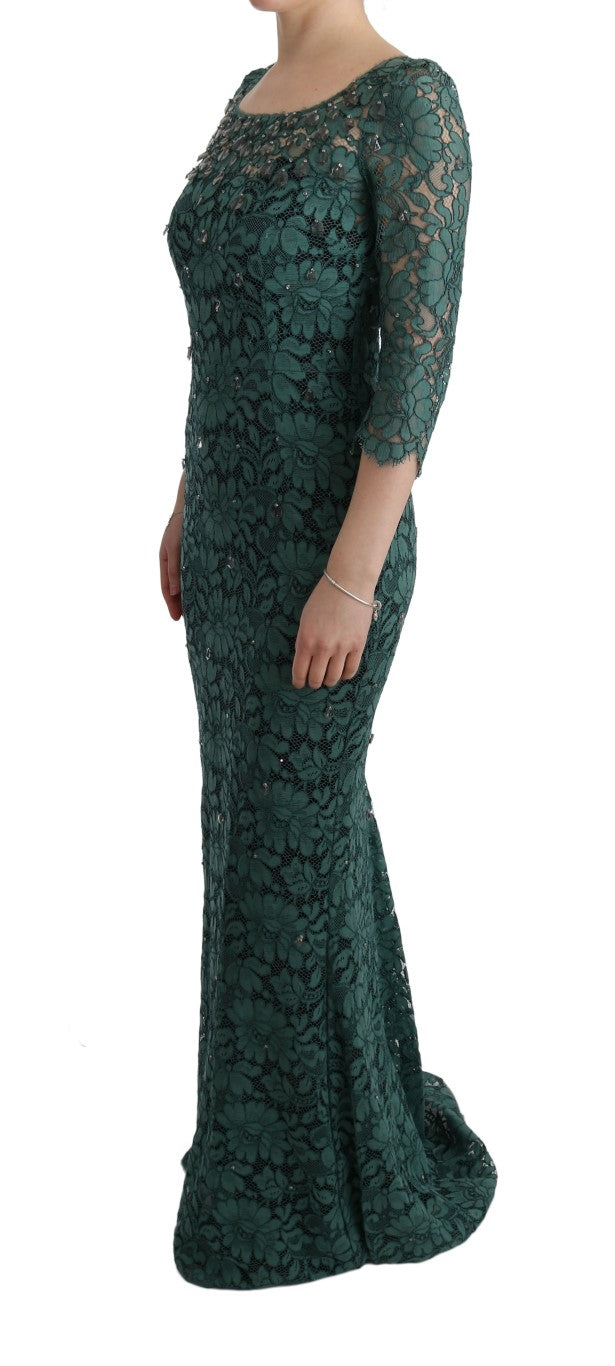 Dolce & Gabbana Green Floral Lace Crystal Ricamo Sheath Dress