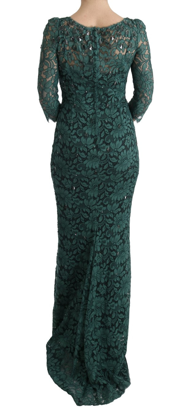 Dolce & Gabbana Green Floral Lace Crystal Ricamo Sheath Dress