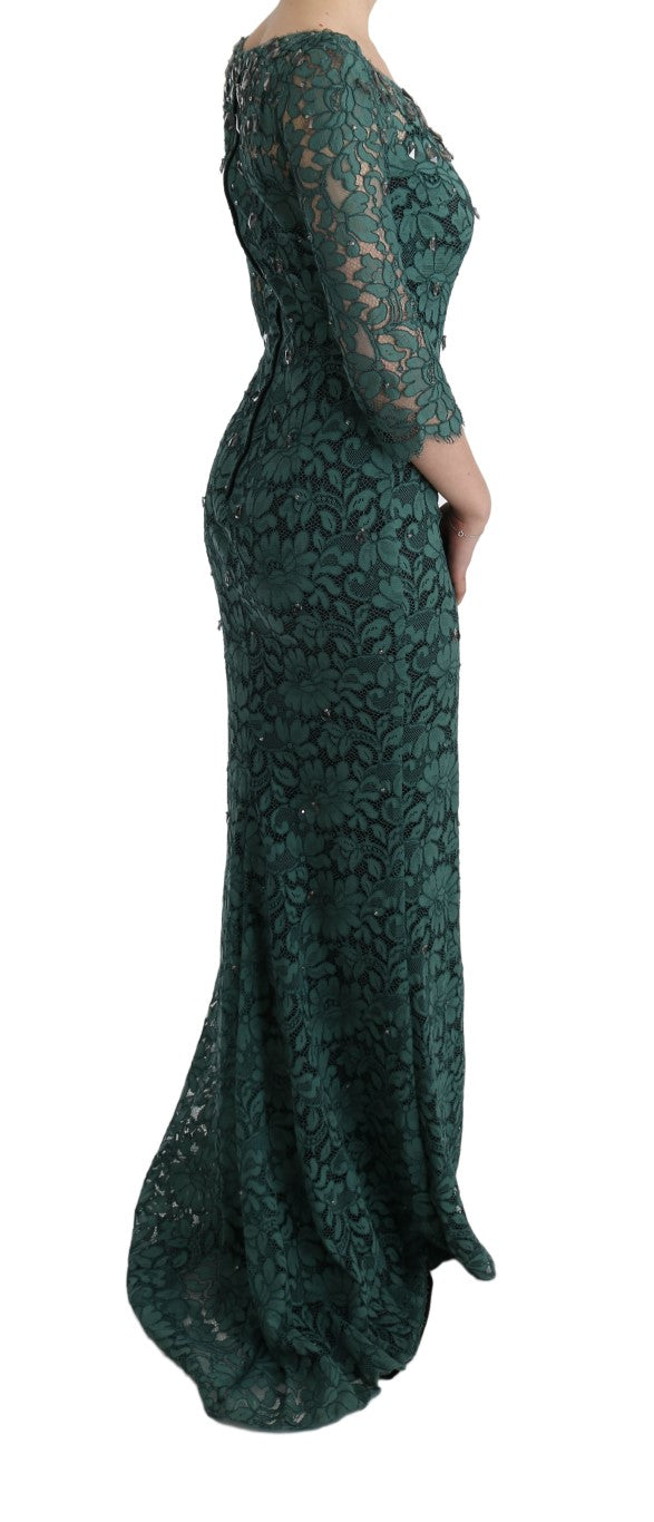 Dolce & Gabbana Green Floral Lace Crystal Ricamo Sheath Dress