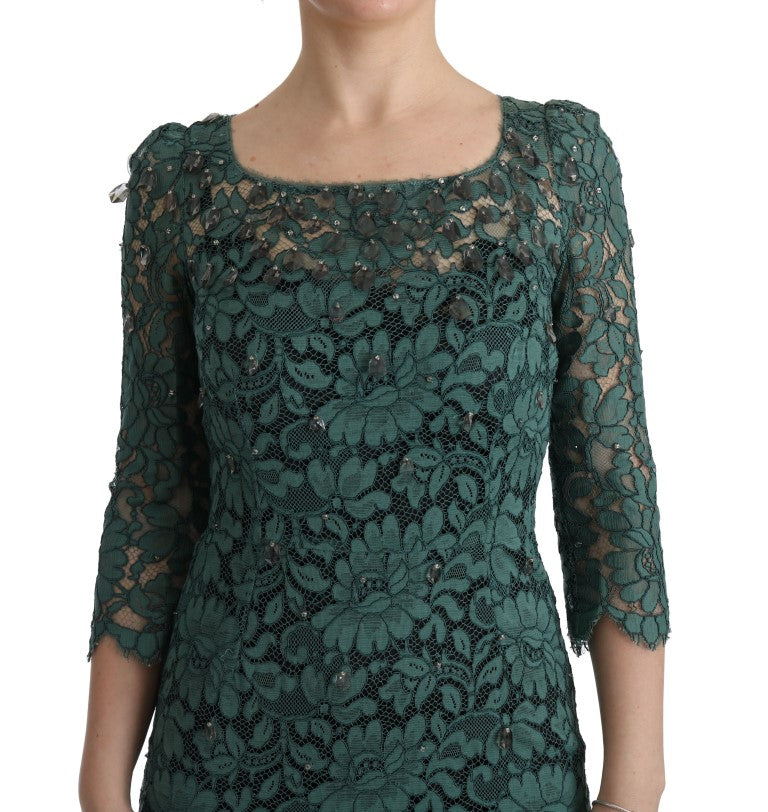 Dolce & Gabbana Green Floral Lace Crystal Ricamo Sheath Dress