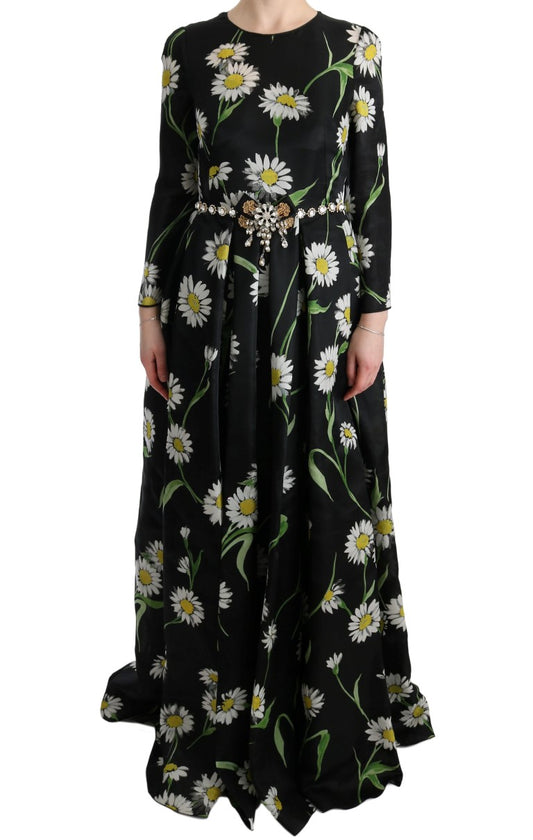 Dolce & Gabbana Black Multicolor Silk Sunflower Print Maxi Dress