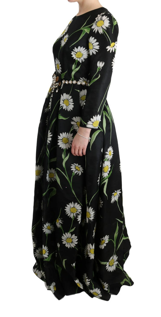 Dolce & Gabbana Black Multicolor Silk Sunflower Print Maxi Dress