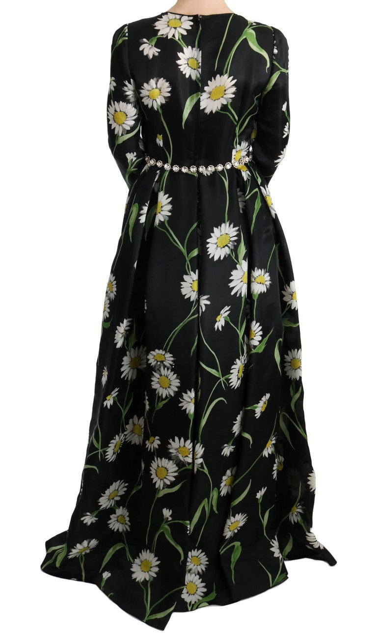 Dolce & Gabbana Black Multicolor Silk Sunflower Print Maxi Dress