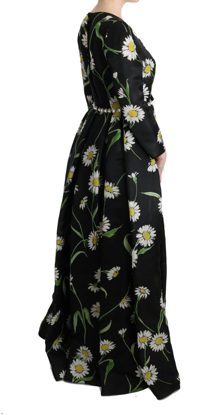 Dolce & Gabbana Black Multicolor Silk Sunflower Print Maxi Dress