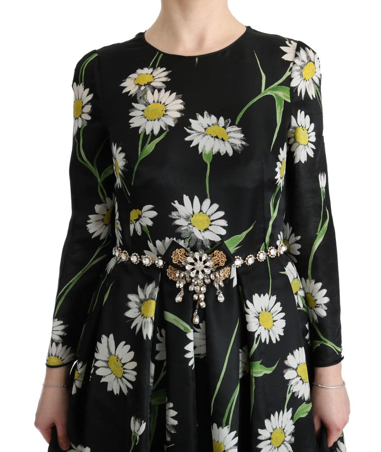 Dolce & Gabbana Black Multicolor Silk Sunflower Print Maxi Dress