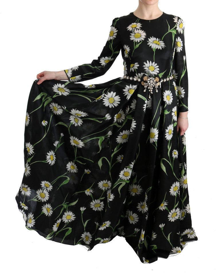 Dolce & Gabbana Black Multicolor Silk Sunflower Print Maxi Dress