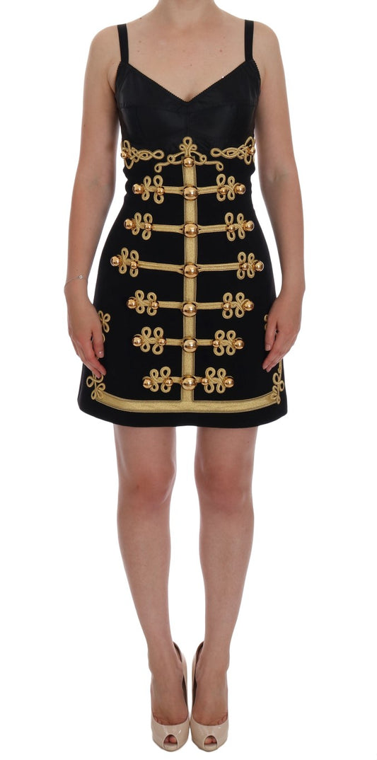 Dolce & Gabbana Black Gold Wool Stretch A-Line Dress