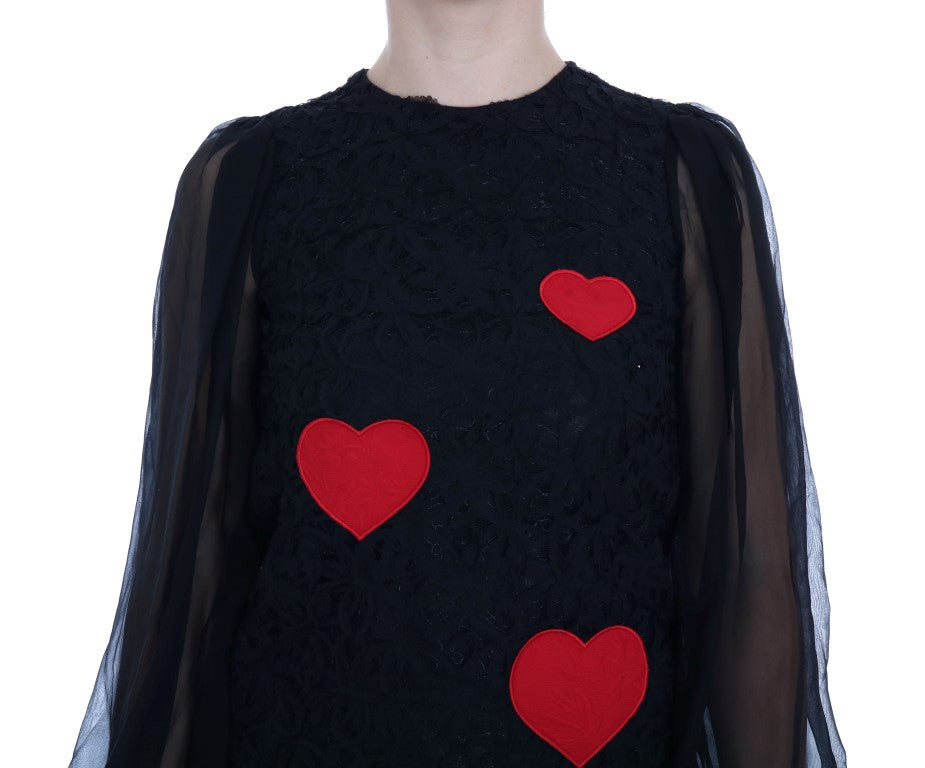 Dolce & Gabbana Black Lace Red Heart Shift Dress