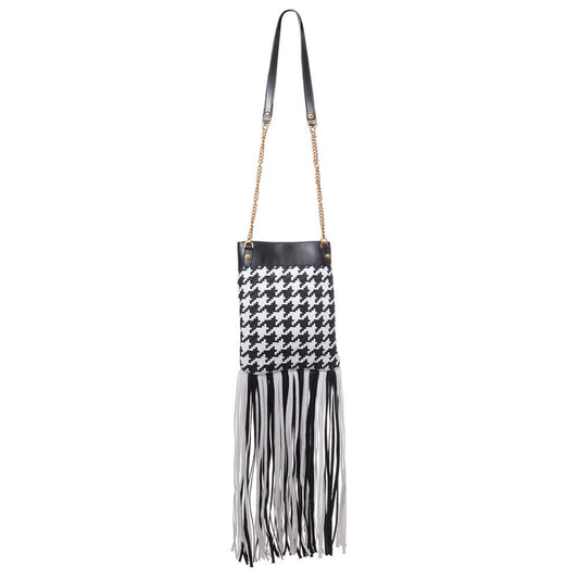 Versace Black White Fringe Leather Shoulder Handbag