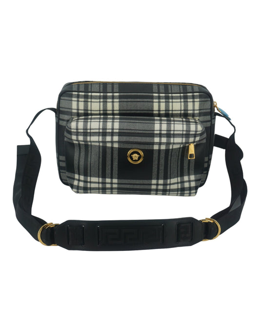 Versace Grey White Plaid Leather Crossbody Bag