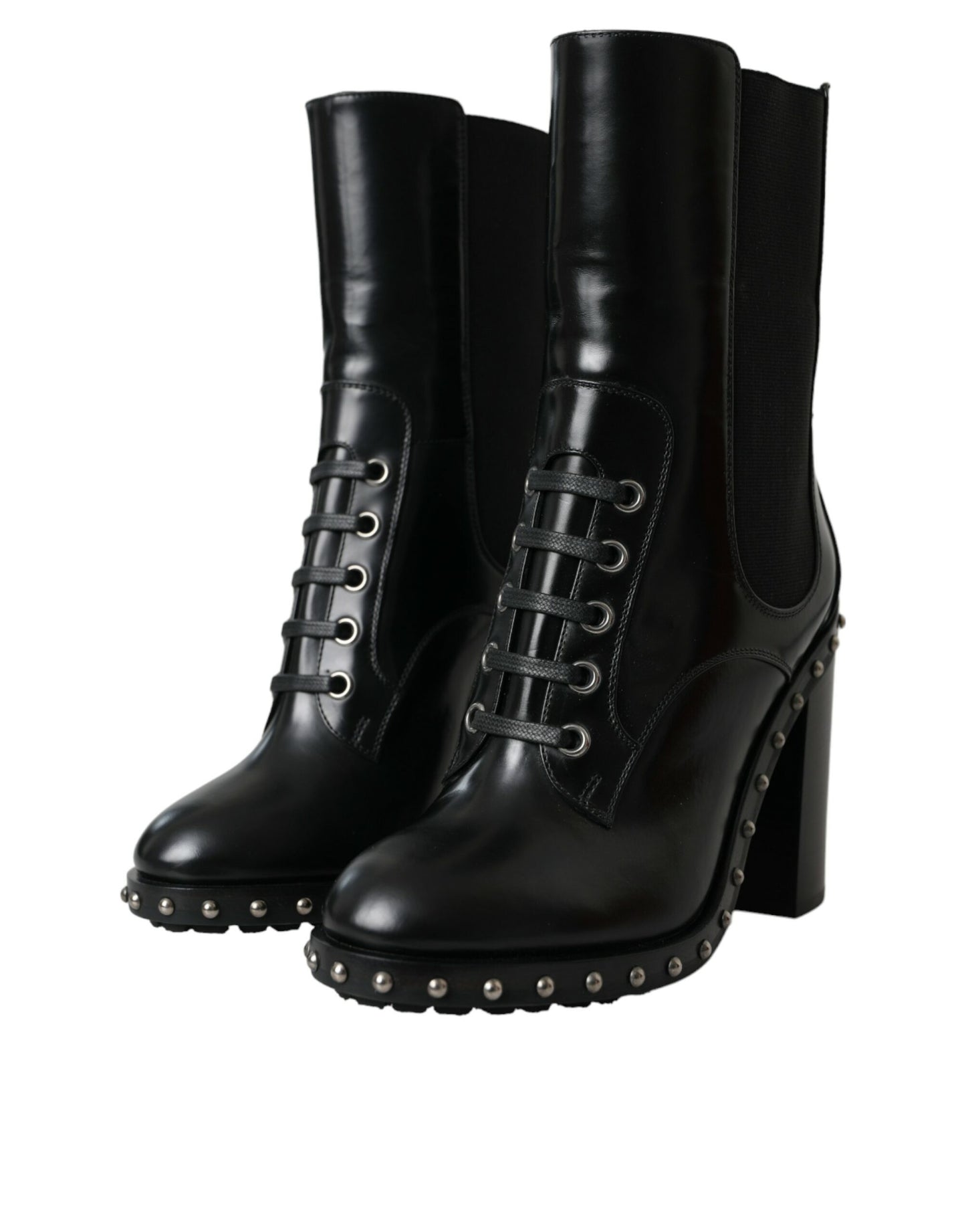 Dolce & Gabbana Black Leather Studded Lace Up Boots Shoes