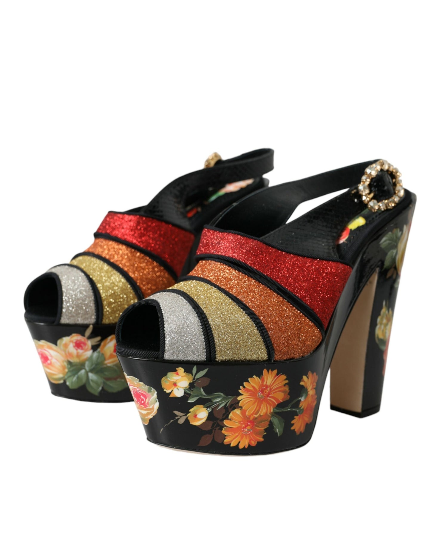 Dolce & Gabbana Multicolor Floral Crystal Platform Sandals Shoes