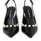 Dolce & Gabbana Black Leather Faux Pearl Heel Slingback Shoes