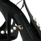 Dolce & Gabbana Black Leather Faux Pearl Heel Slingback Shoes