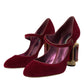 Dolce & Gabbana Red Velvet Gold Crystals Heels Mary Jane Shoes