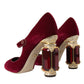 Dolce & Gabbana Red Velvet Gold Crystals Heels Mary Jane Shoes