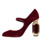 Dolce & Gabbana Red Velvet Gold Crystals Heels Mary Jane Shoes