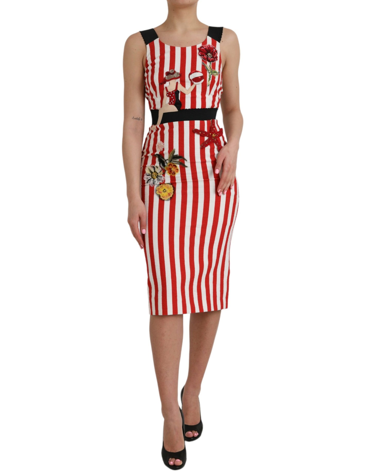 Dolce & Gabbana Red White Floral Sleeveless Sheath Midi Dress