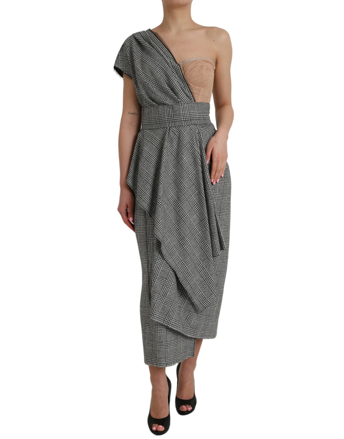 Dolce & Gabbana Gray Beige Plaid Layered One Shoulder Dress