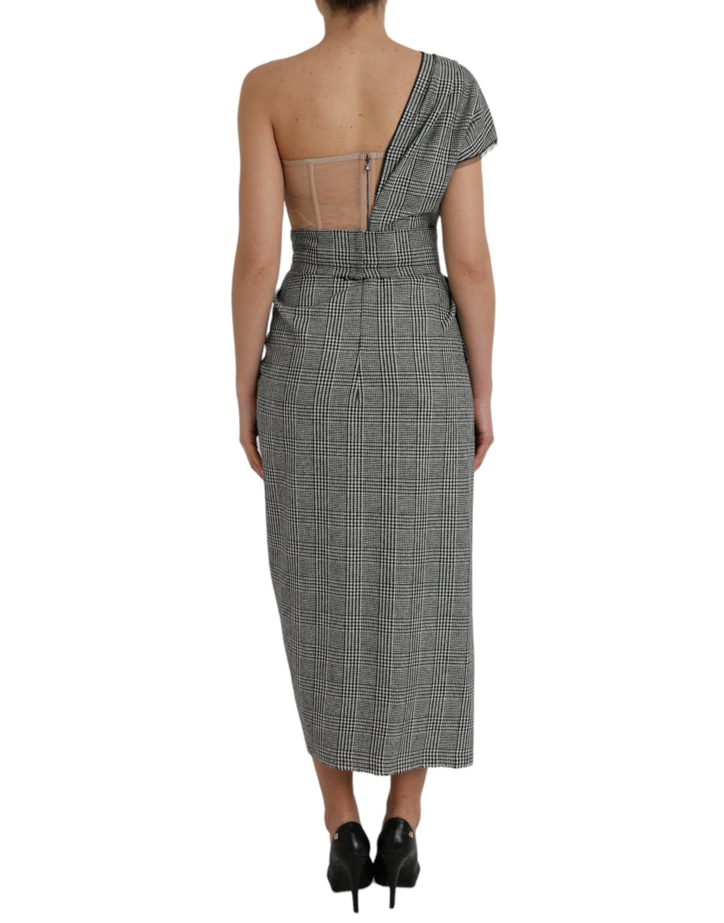 Dolce & Gabbana Gray Beige Plaid Layered One Shoulder Dress